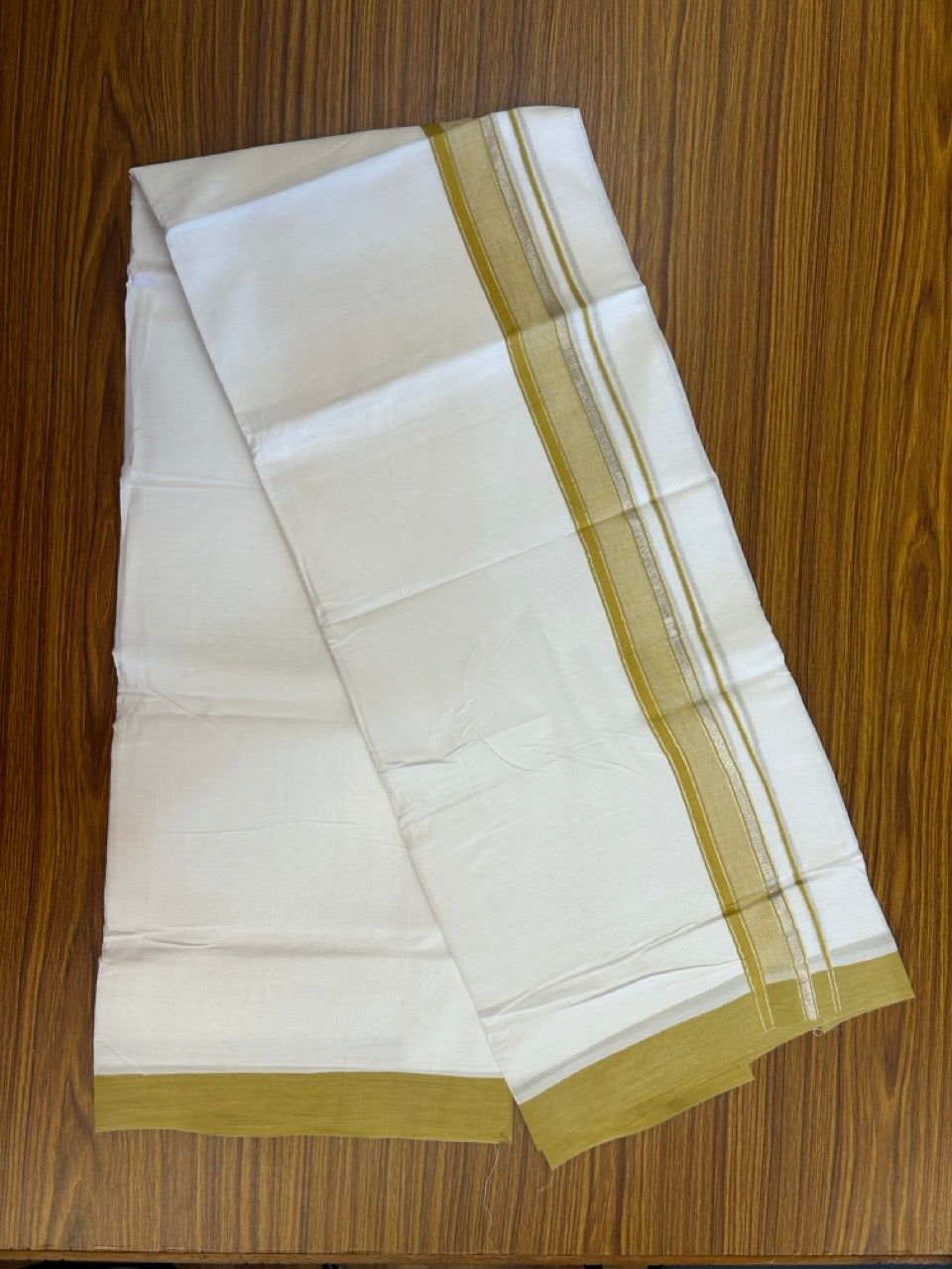 4.5 Meters (10 Muzham) - Pure white double 20% Discount ! KaithariKada Balaramapuram - 100% Pure Cotton 100x80 - Mundu/Dothi - 1.75 inch Mustard Yellow Silver Kasav Kara - 81 KK5258 THI