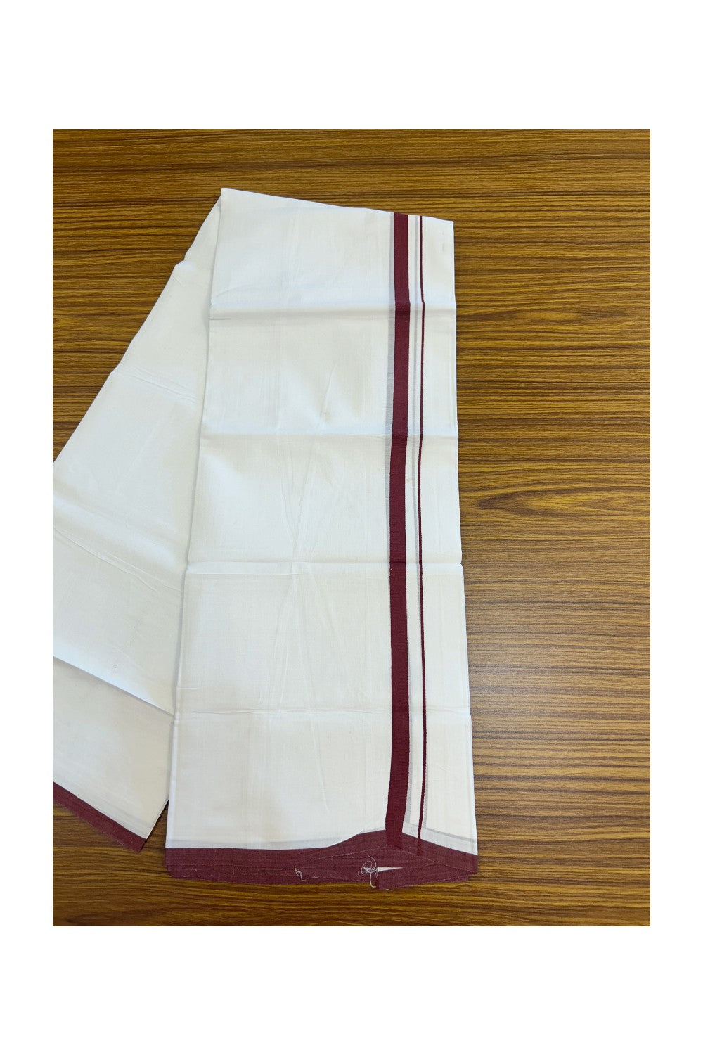 20% Discount ! Kaitharikada Balaramapuram 100% Cotton PURE WHITE Double Mundu/Dothi - 100x80 - 0.5 inch Maroon Kara 3.70 mtr (8 muzham) - 73KK5220 THI