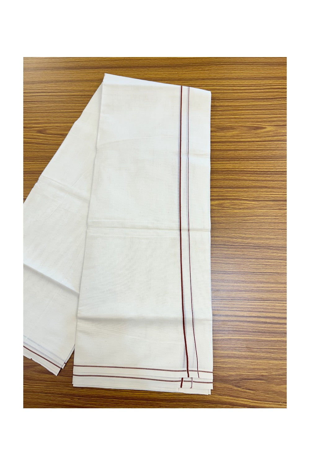 KaithariKada Balaramapuram 100% Cotton Double OFF WHITE (unbleached) Mundu/Dhoti- 60s - 0.2 cm Light Brown thin Kara 4 mtr (8.5 muzham) - 80KK5227 PMC