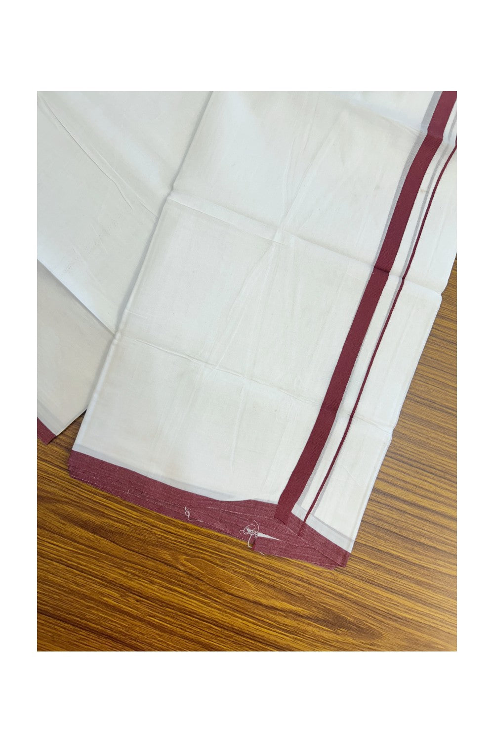 20% Discount ! Kaitharikada Balaramapuram 100% Cotton PURE WHITE Double Mundu/Dothi - 100x80 - 0.5 inch Maroon Kara 3.70 mtr (8 muzham) - 73KK5220 THI