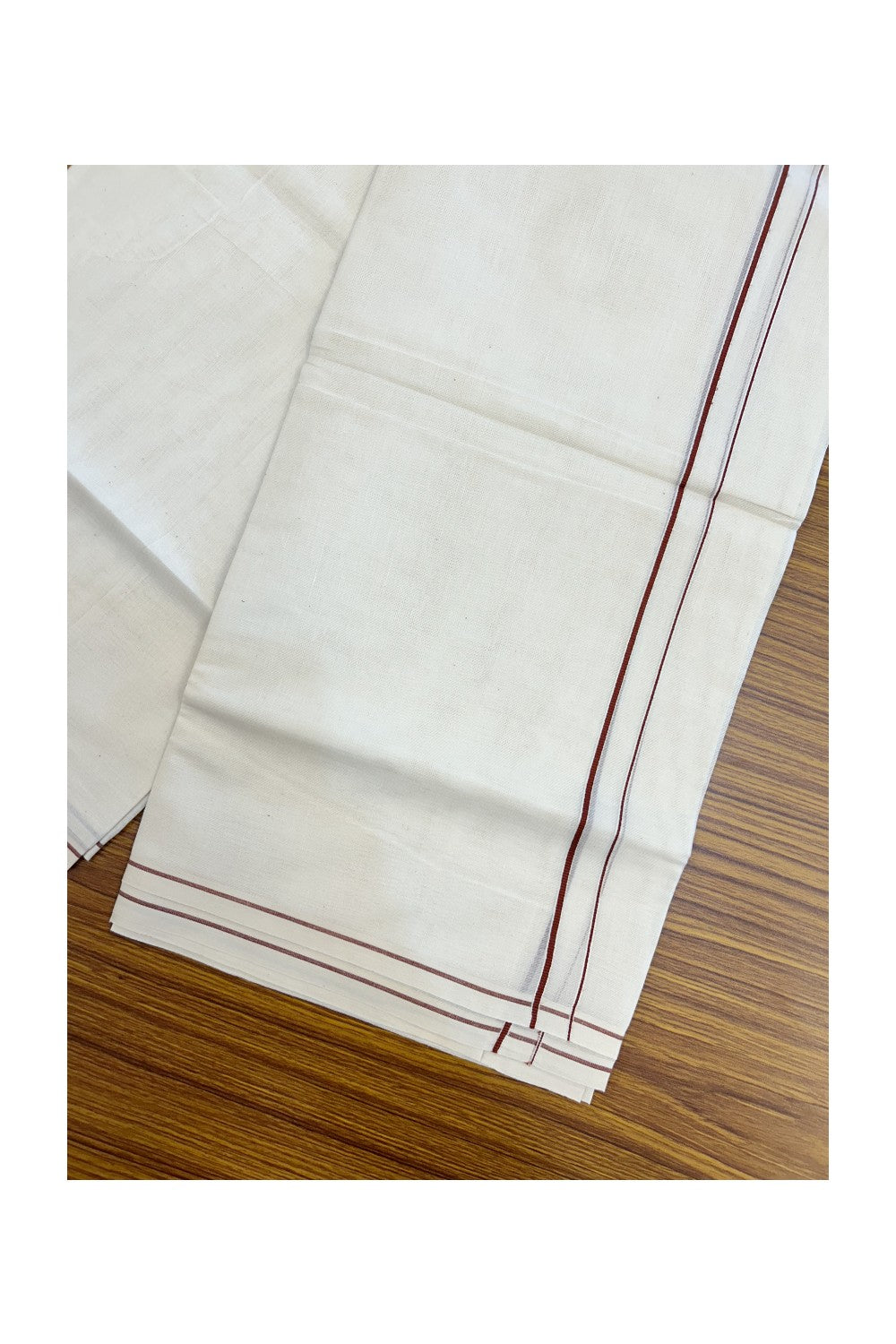 KaithariKada Balaramapuram 100% Cotton Double OFF WHITE (unbleached) Mundu/Dhoti- 60s - 0.2 cm Light Brown thin Kara 4 mtr (8.5 muzham) - 80KK5227 PMC