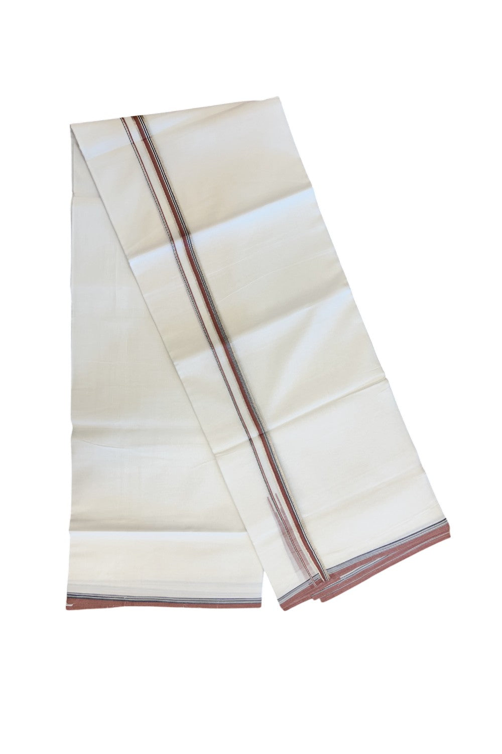20% Discount !! Kaitharikada Balaramapuram 100% Cotton PURE WHITE DOUBLE Mundu/Dothi- 100X80 - 0.5 inch Silver Kasavu Brownish Orange & Black Design Chutty Kara - 81KK5217 CKS