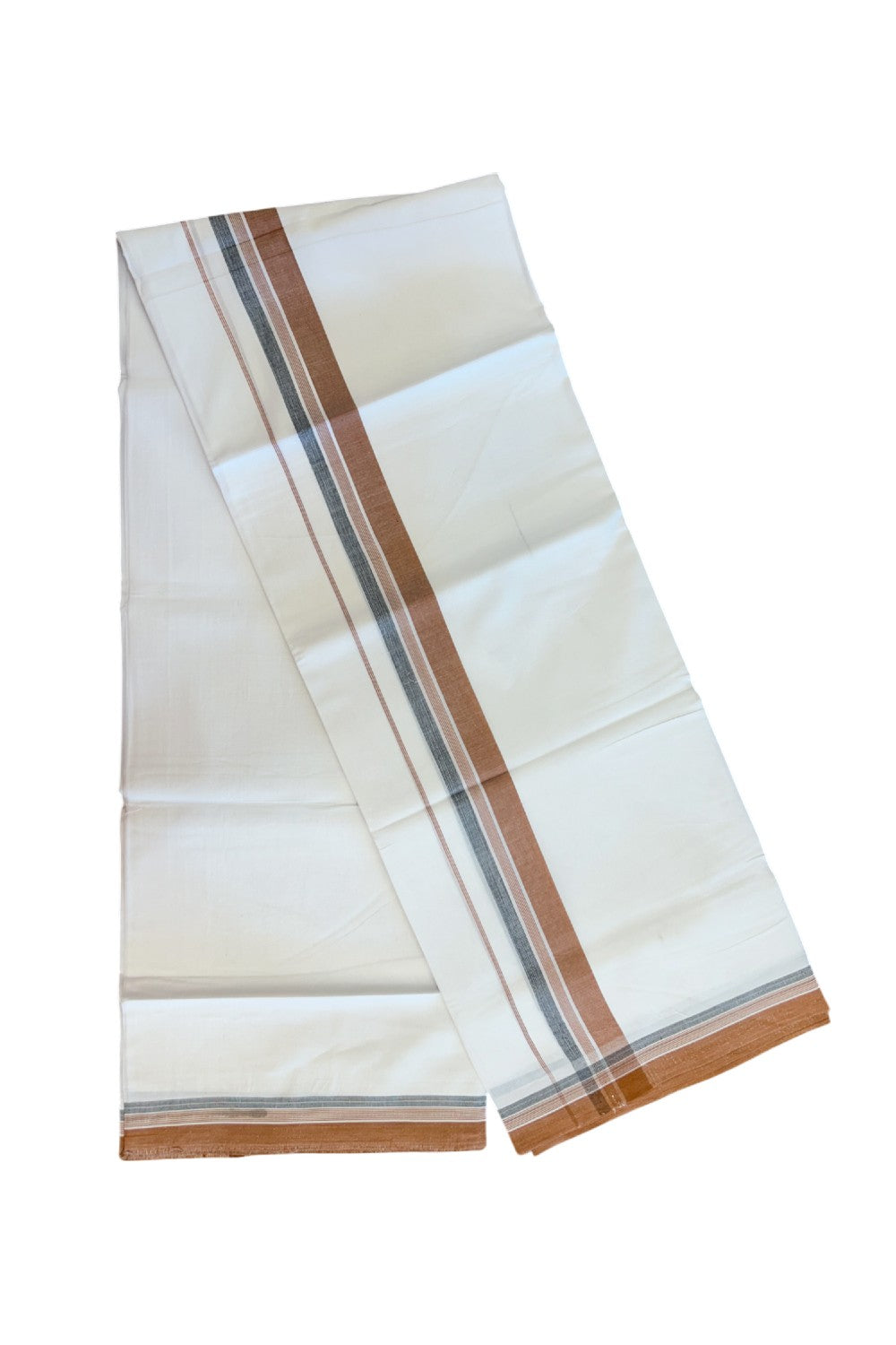 20% Discount ! Kaitharikada Balaramapuram 100% Cotton PURE WHITE Double Mundu/Dothi - 100x80 - 1.5 inch Light Rust Brown & Black Shaded Striped Kara 3.75 mtr (8 muzham) - 81KK5220 THI
