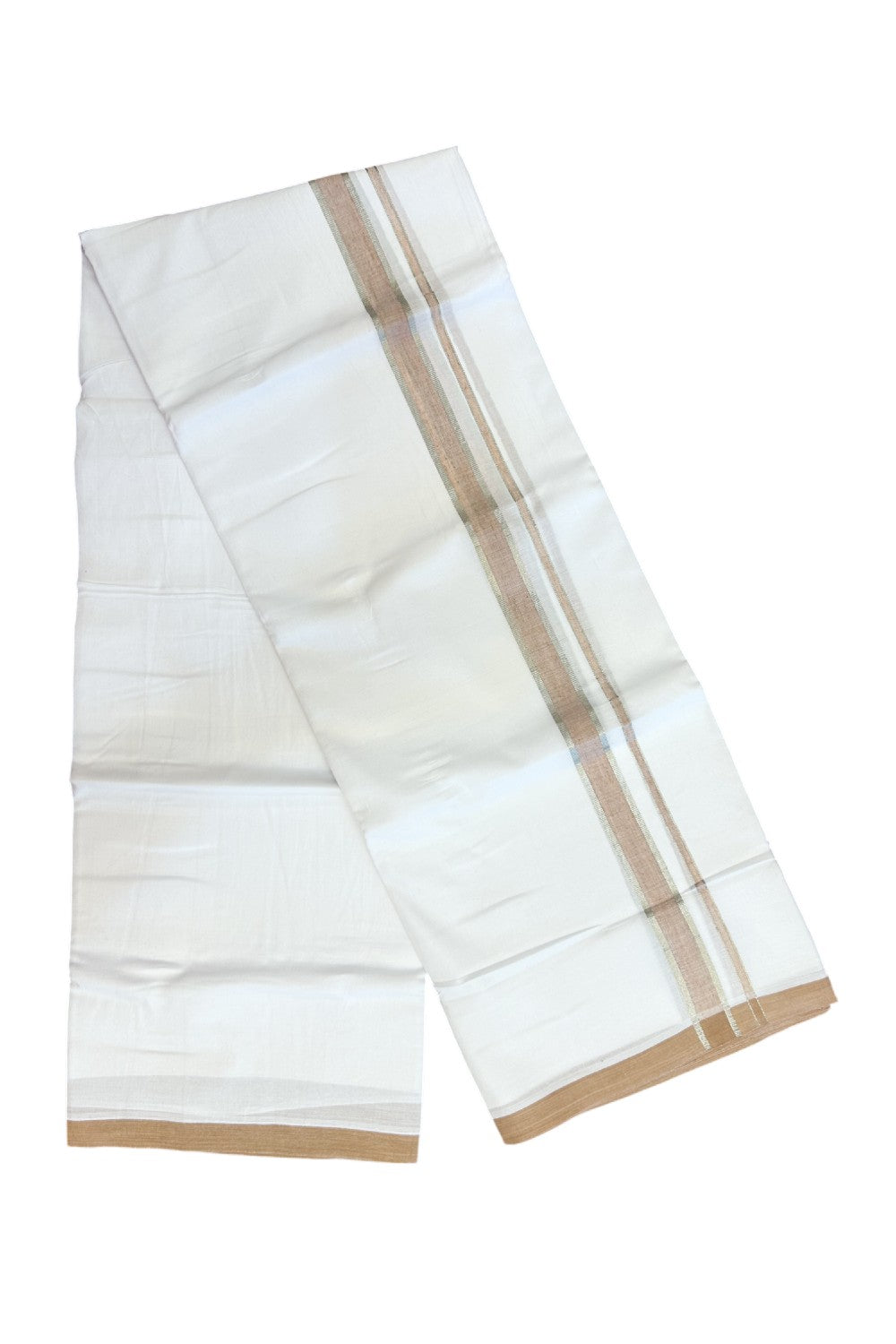 20% Discount ! Kaitharikada Balaramapuram 100% Cotton PURE WHITE Double Mundu/Dothi - 100x80 - 1 inch Silver Kasav & Peach Brown shaded Kara 4.34 mtr (9 muzham) - 82KK5220 THI