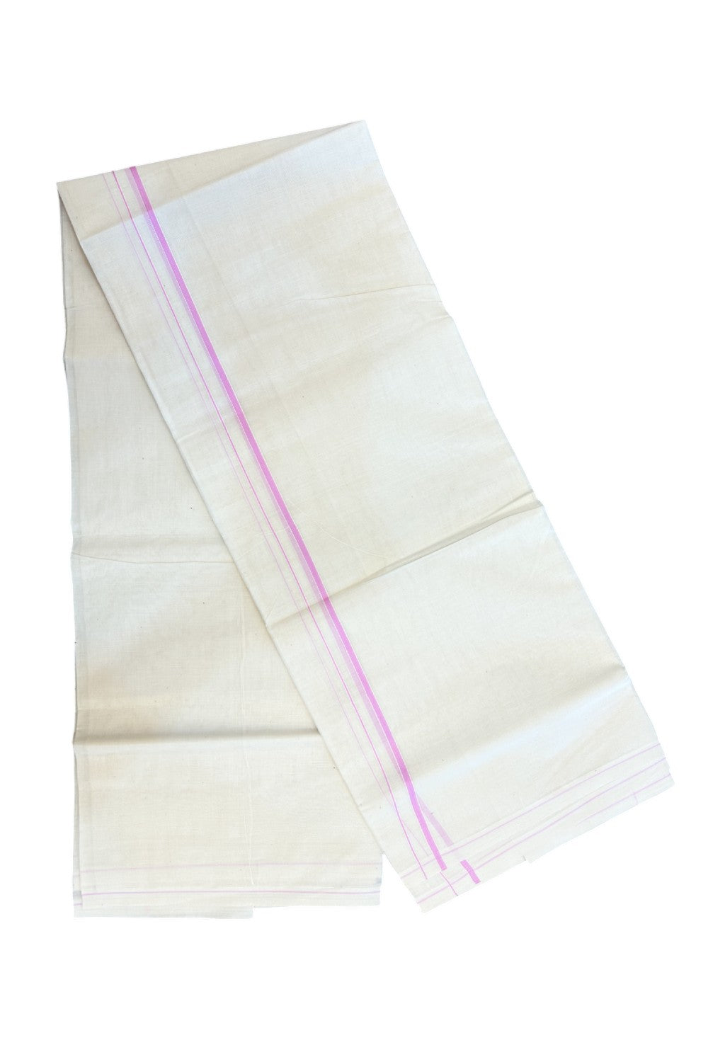KaithariKada Balaramapuram 100% Cotton Double OFF WHITE (unbleached) Mundu/Dhoti- 60s - 0.5 cm lavander pink thin Kara 4 mtr (8.5 muzham) - 81KK5227 PMC