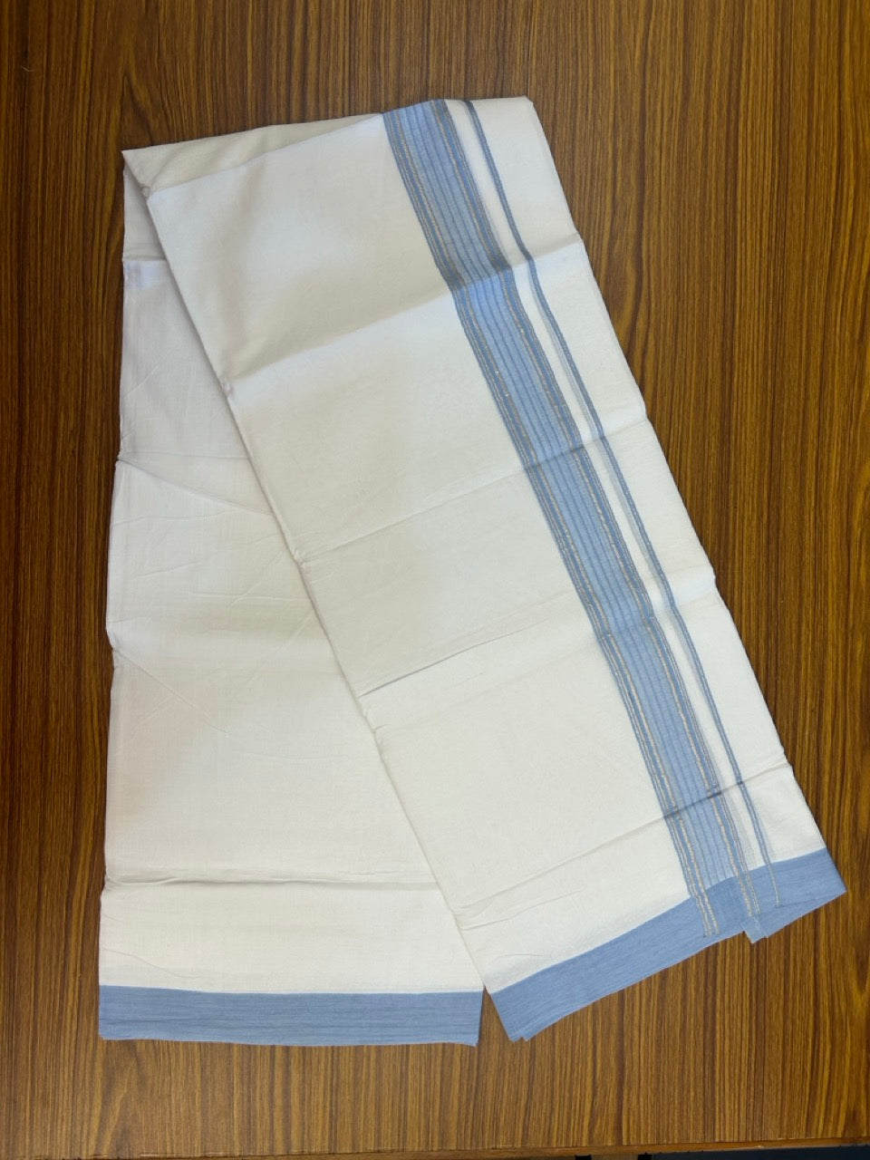 4.5 Meters (10 Muzham) - Pure white double 20% Discount ! KaithariKada Balaramapuram - 100% Pure Cotton 100x80 - Mundu/Dothi - 1.75 inch Sky Blue Silver Kasav Kara - 82 KK5258 THI