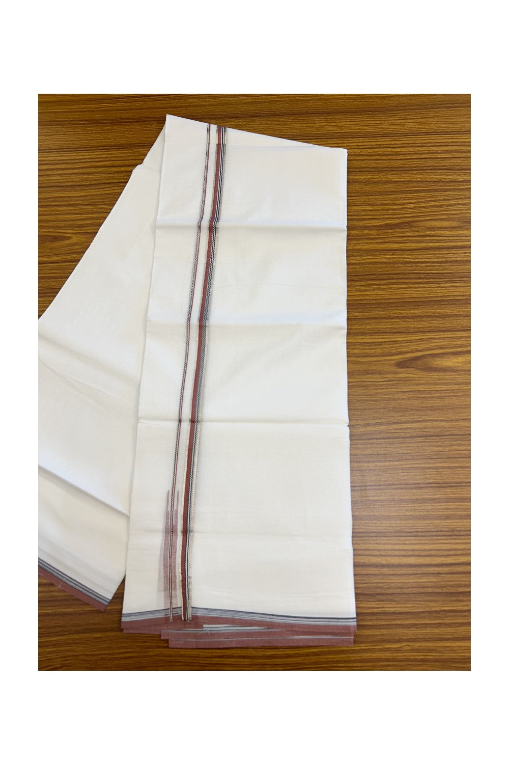 20% Discount !! Kaitharikada Balaramapuram 100% Cotton PURE WHITE DOUBLE Mundu/Dothi- 100X80 - 0.5 inch Silver Kasavu Brownish Orange & Black Design Chutty Kara - 81KK5217 CKS