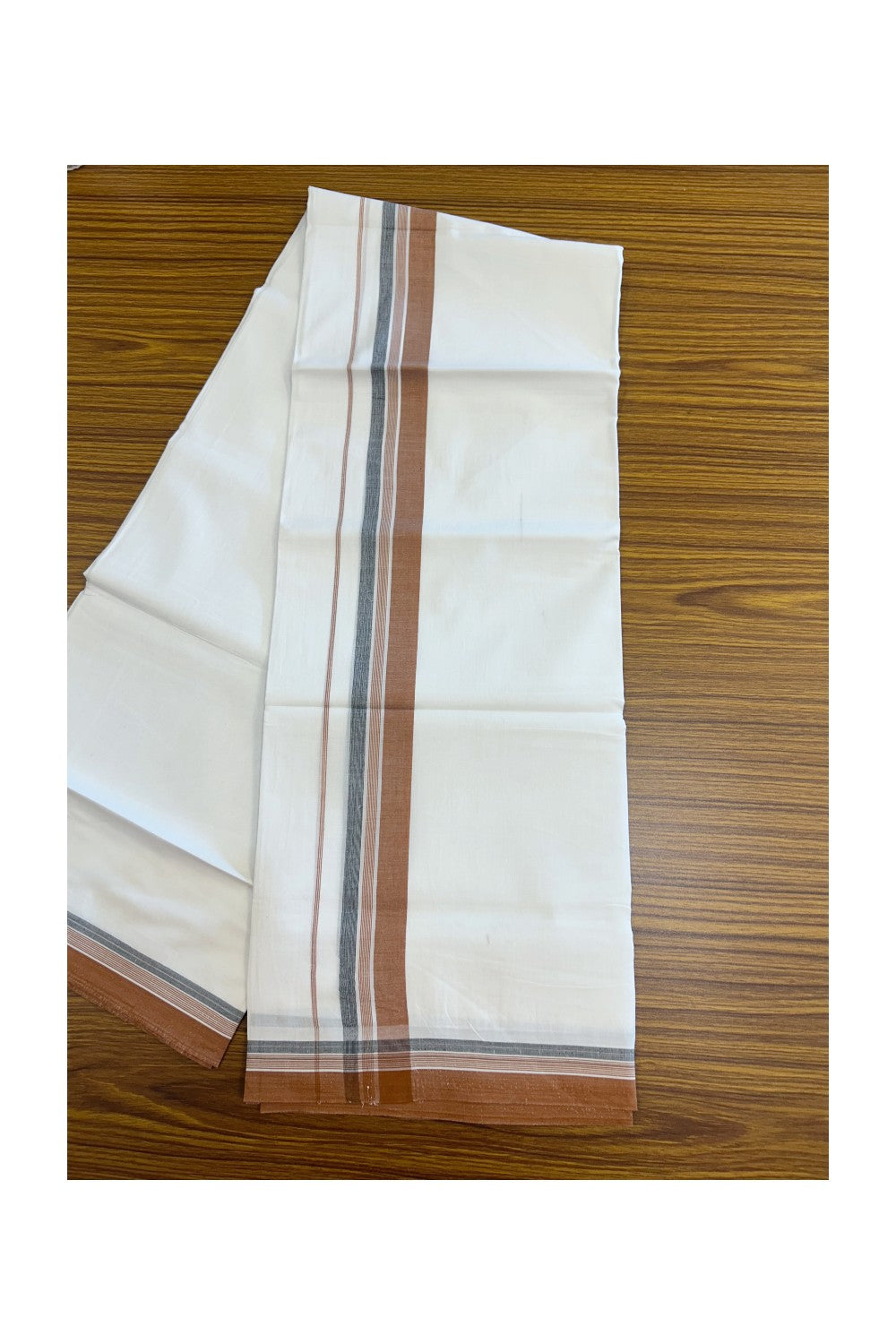 20% Discount ! Kaitharikada Balaramapuram 100% Cotton PURE WHITE Double Mundu/Dothi - 100x80 - 1.5 inch Light Rust Brown & Black Shaded Striped Kara 3.75 mtr (8 muzham) - 81KK5220 THI