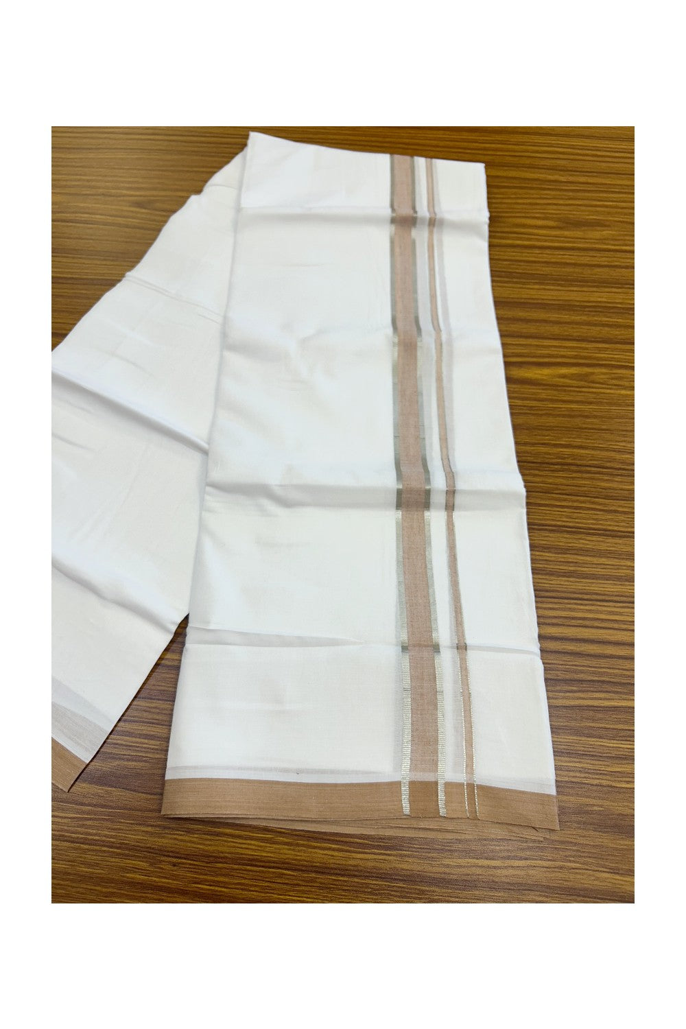 20% Discount ! Kaitharikada Balaramapuram 100% Cotton PURE WHITE Double Mundu/Dothi - 100x80 - 1 inch Silver Kasav & Peach Brown shaded Kara 4.34 mtr (9 muzham) - 82KK5220 THI