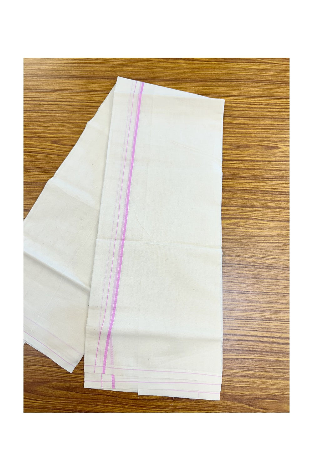 KaithariKada Balaramapuram 100% Cotton Double OFF WHITE (unbleached) Mundu/Dhoti- 60s - 0.5 cm lavander pink thin Kara 4 mtr (8.5 muzham) - 81KK5227 PMC
