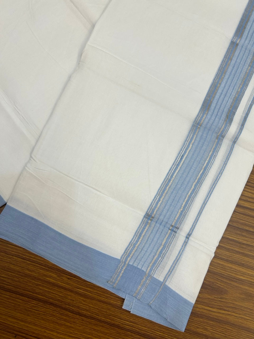 4.5 Meters (10 Muzham) - Pure white double 20% Discount ! KaithariKada Balaramapuram - 100% Pure Cotton 100x80 - Mundu/Dothi - 1.75 inch Sky Blue Silver Kasav Kara - 82 KK5258 THI
