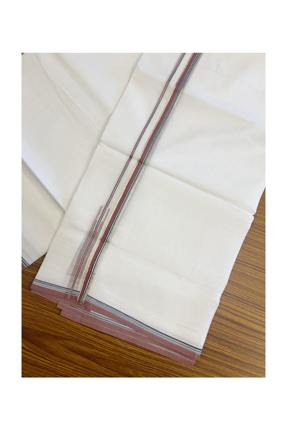 20% Discount !! Kaitharikada Balaramapuram 100% Cotton PURE WHITE DOUBLE Mundu/Dothi- 100X80 - 0.5 inch Silver Kasavu Brownish Orange & Black Design Chutty Kara - 81KK5217 CKS