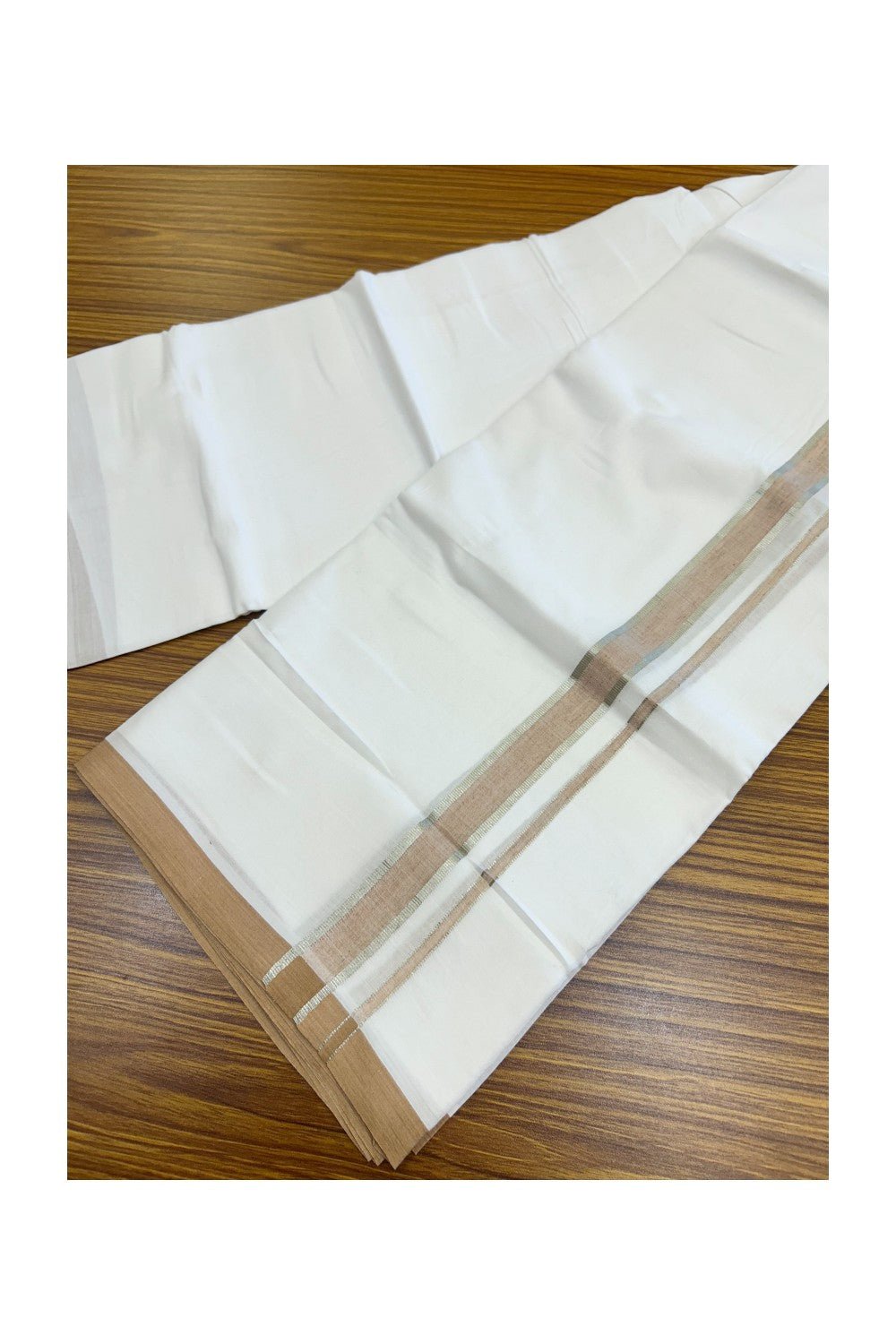 20% Discount ! Kaitharikada Balaramapuram 100% Cotton PURE WHITE Double Mundu/Dothi - 100x80 - 1 inch Silver Kasav & Peach Brown shaded Kara 4.34 mtr (9 muzham) - 82KK5220 THI