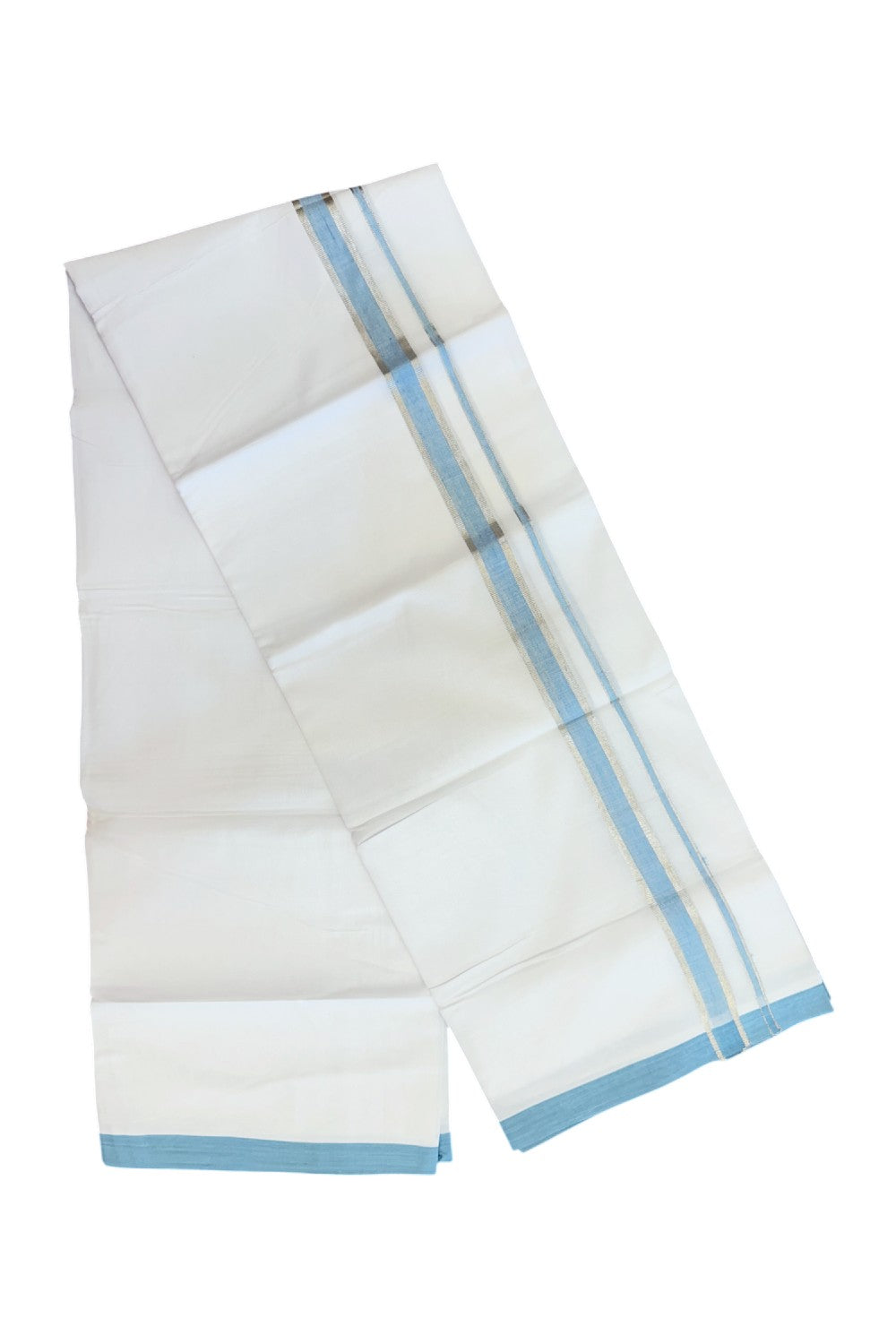 20% Discount ! Kaitharikada Balaramapuram 100% Cotton PURE WHITE Double Mundu/Dothi - 100x80 - 1 inch Silver Kasav & Sky Blue shaded Kara 3.74 mtr (8 muzham) - 83KK5220 THI
