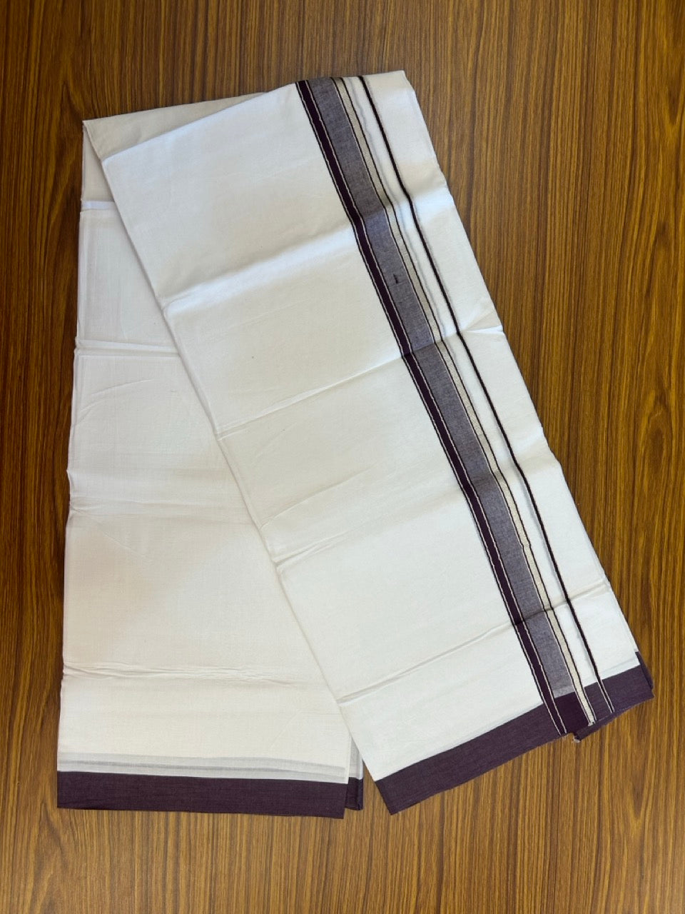 4.5 Meters (10 Muzham) - Pure white double 20% Discount ! KaithariKada Balaramapuram - 100% Pure Cotton 100x80 - Mundu/Dothi - 1.75 inch Violet Silver Kasav Kara - 83 KK5258 THI