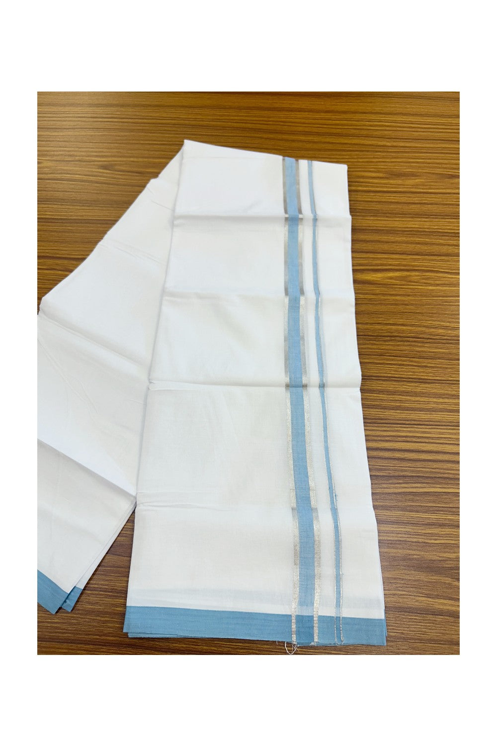 20% Discount ! Kaitharikada Balaramapuram 100% Cotton PURE WHITE Double Mundu/Dothi - 100x80 - 1 inch Silver Kasav & Sky Blue shaded Kara 3.74 mtr (8 muzham) - 83KK5220 THI