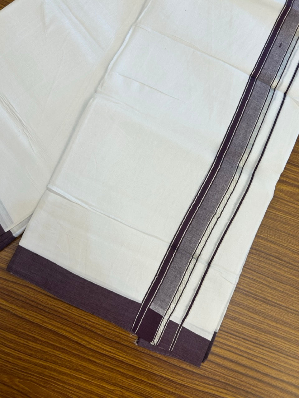 4.5 Meters (10 Muzham) - Pure white double 20% Discount ! KaithariKada Balaramapuram - 100% Pure Cotton 100x80 - Mundu/Dothi - 1.75 inch Violet Silver Kasav Kara - 83 KK5258 THI