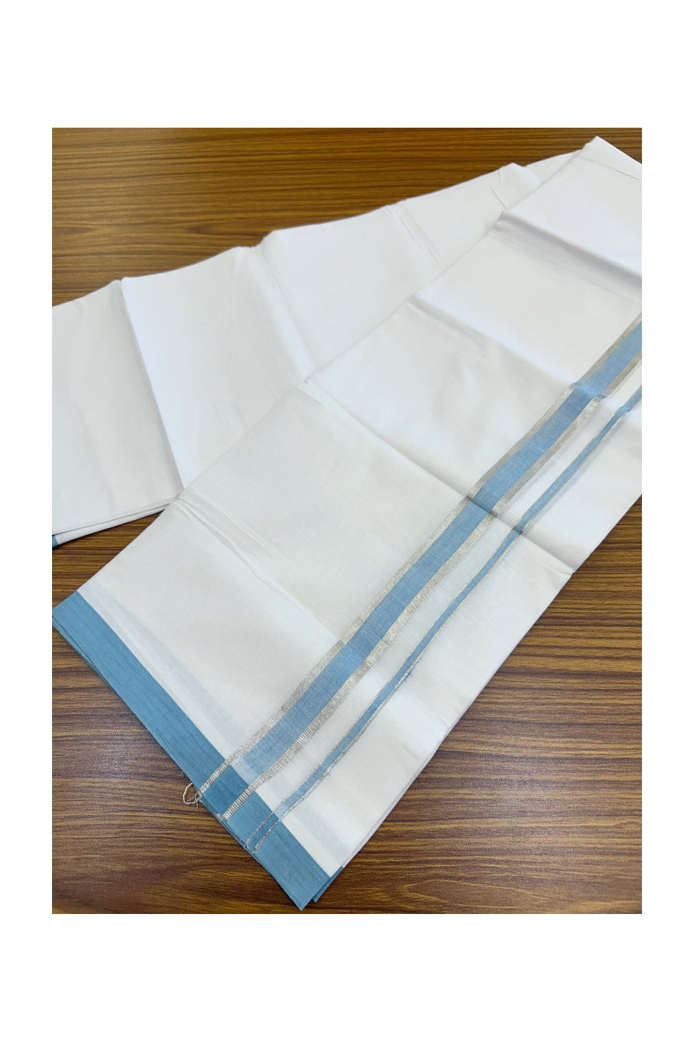 20% Discount ! Kaitharikada Balaramapuram 100% Cotton PURE WHITE Double Mundu/Dothi - 100x80 - 1 inch Silver Kasav & Sky Blue shaded Kara 3.74 mtr (8 muzham) - 83KK5220 THI