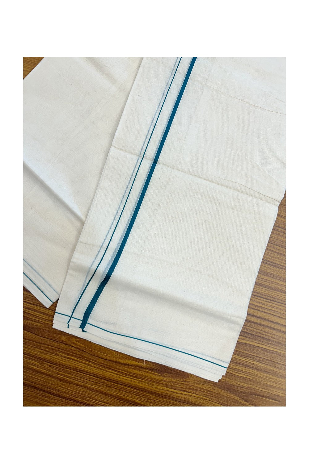 KaithariKada Balaramapuram 100% Cotton Double OFF WHITE (unbleached) Mundu/Dhoti- 60s - 0.5 cm Bottle Green thin Kara 4 mtr (8.5 muzham) - 82KK5227 PMC