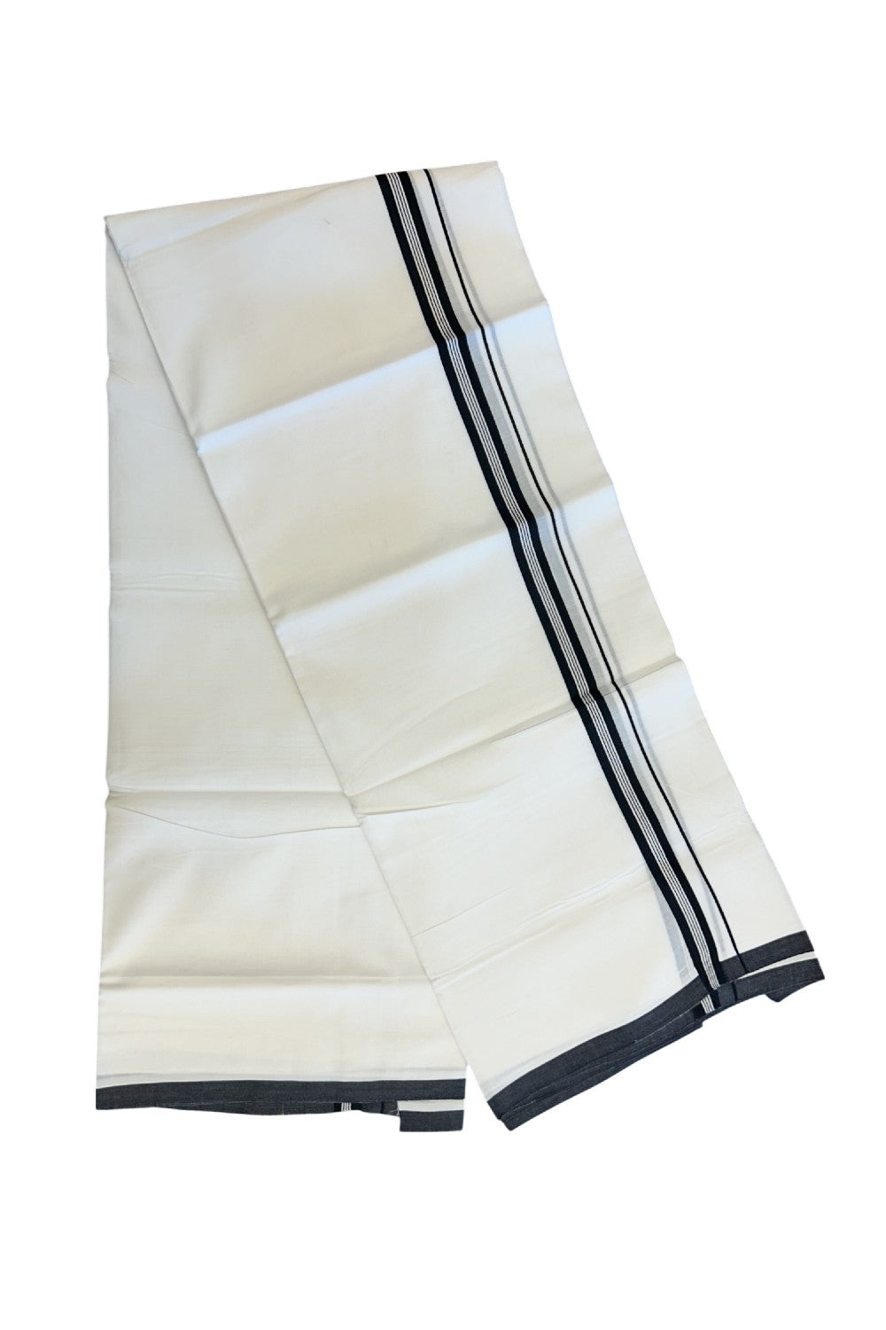 20% Discount ! Kaitharikada Balaramapuram 100% Cotton PURE WHITE Double Mundu/Dothi - 100x80 - 0.75 inch Black Striped Kara - 82KK5217 CKS