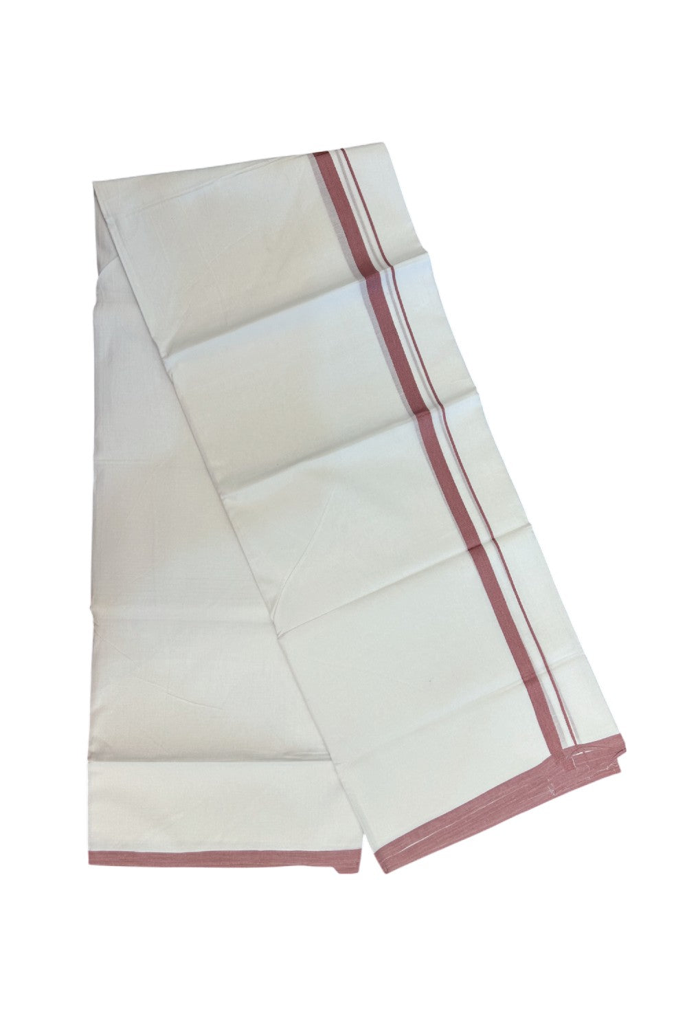 20% Discount ! Kaitharikada Balaramapuram 100% Cotton PURE WHITE Double Mundu/Dothi - 100x80 - 0.5 inch Dusty Pink Kara 3.70 mtr (8 muzham) - 74KK5220 THI