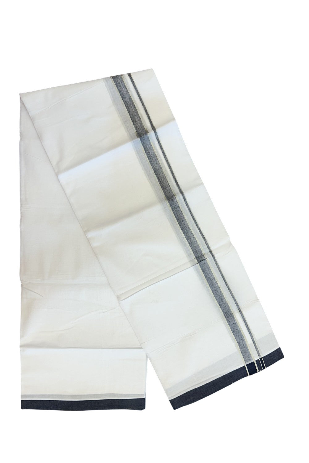 20% Discount ! Kaitharikada Balaramapuram 100% Cotton PURE WHITE Double Mundu/Dothi - 100x80 - 1 inch Silver Kasav & Black shaded Kara 4.34 mtr (9 muzham) - 84KK5220 THI