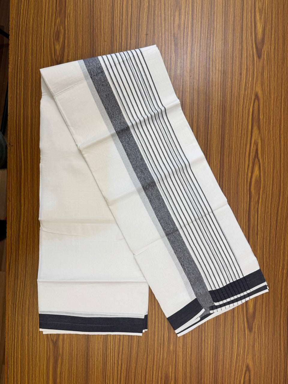 Pure White Double 20% Discount! KaithariKada 100% Cotton Pure Cotton Double Mundu / Dhoti - 100x80 - 5 inch Black Stripes Shaded Kara 3.80 meter (8 muzham) - 84 KK5220 THI