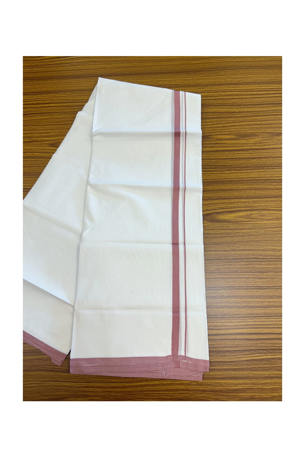 20% Discount ! Kaitharikada Balaramapuram 100% Cotton PURE WHITE Double Mundu/Dothi - 100x80 - 0.5 inch Dusty Pink Kara 3.70 mtr (8 muzham) - 74KK5220 THI