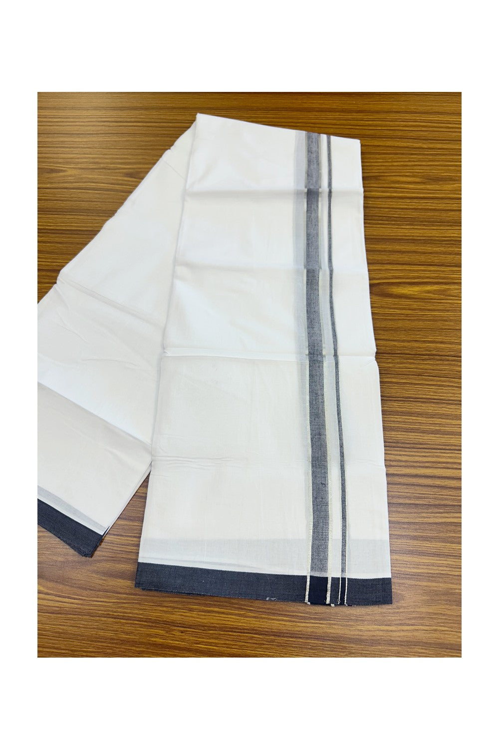 20% Discount ! Kaitharikada Balaramapuram 100% Cotton PURE WHITE Double Mundu/Dothi - 100x80 - 1 inch Silver Kasav & Black shaded Kara 4.34 mtr (9 muzham) - 84KK5220 THI