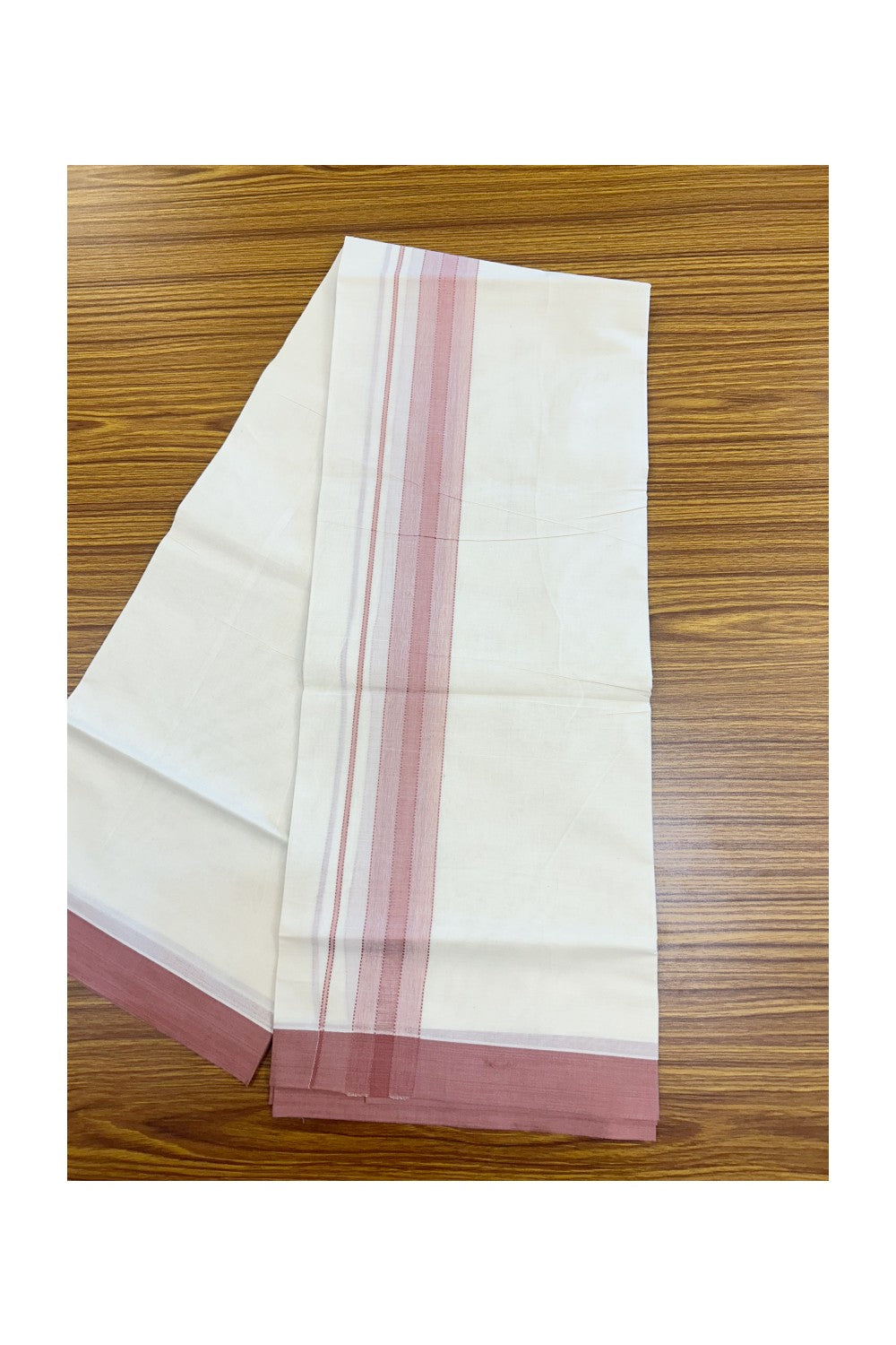 KaithariKada Balaramapuram 100% Cotton Double Off White (unbleached) Mundu/Dhoti- 100x80 - 1.75 inch Dusty Rose Design Kara 4 mtr (8.5 muzham) - 83KK5227 PMC
