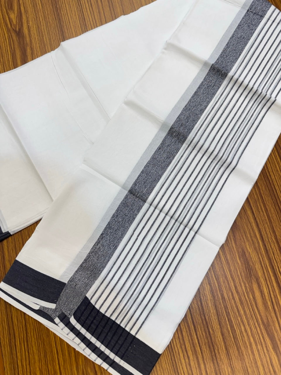 Pure White Double 20% Discount! KaithariKada 100% Cotton Pure Cotton Double Mundu / Dhoti - 100x80 - 5 inch Black Stripes Shaded Kara 3.80 meter (8 muzham) - 84 KK5220 THI
