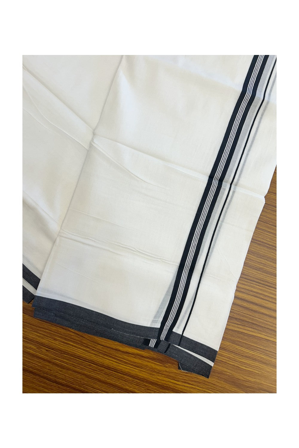 20% Discount ! Kaitharikada Balaramapuram 100% Cotton PURE WHITE Double Mundu/Dothi - 100x80 - 0.75 inch Black Striped Kara - 82KK5217 CKS