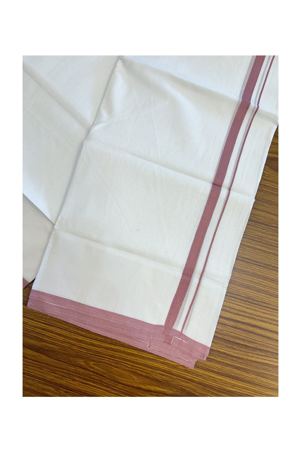 20% Discount ! Kaitharikada Balaramapuram 100% Cotton PURE WHITE Double Mundu/Dothi - 100x80 - 0.5 inch Dusty Pink Kara 3.70 mtr (8 muzham) - 74KK5220 THI