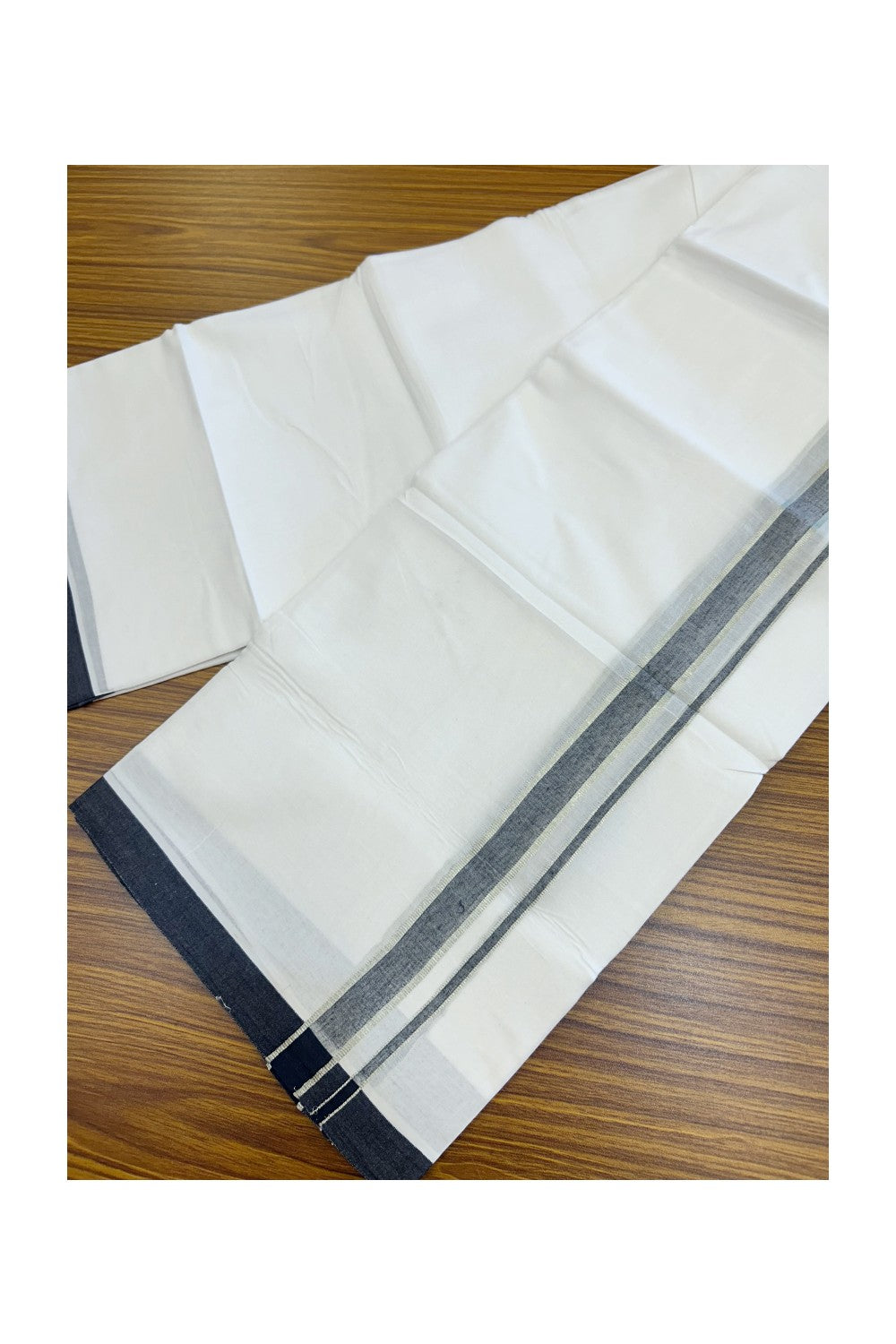20% Discount ! Kaitharikada Balaramapuram 100% Cotton PURE WHITE Double Mundu/Dothi - 100x80 - 1 inch Silver Kasav & Black shaded Kara 4.34 mtr (9 muzham) - 84KK5220 THI