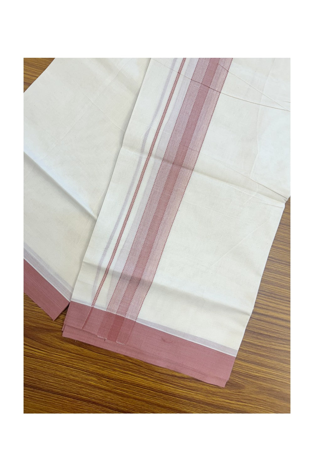 KaithariKada Balaramapuram 100% Cotton Double Off White (unbleached) Mundu/Dhoti- 100x80 - 1.75 inch Dusty Rose Design Kara 4 mtr (8.5 muzham) - 83KK5227 PMC