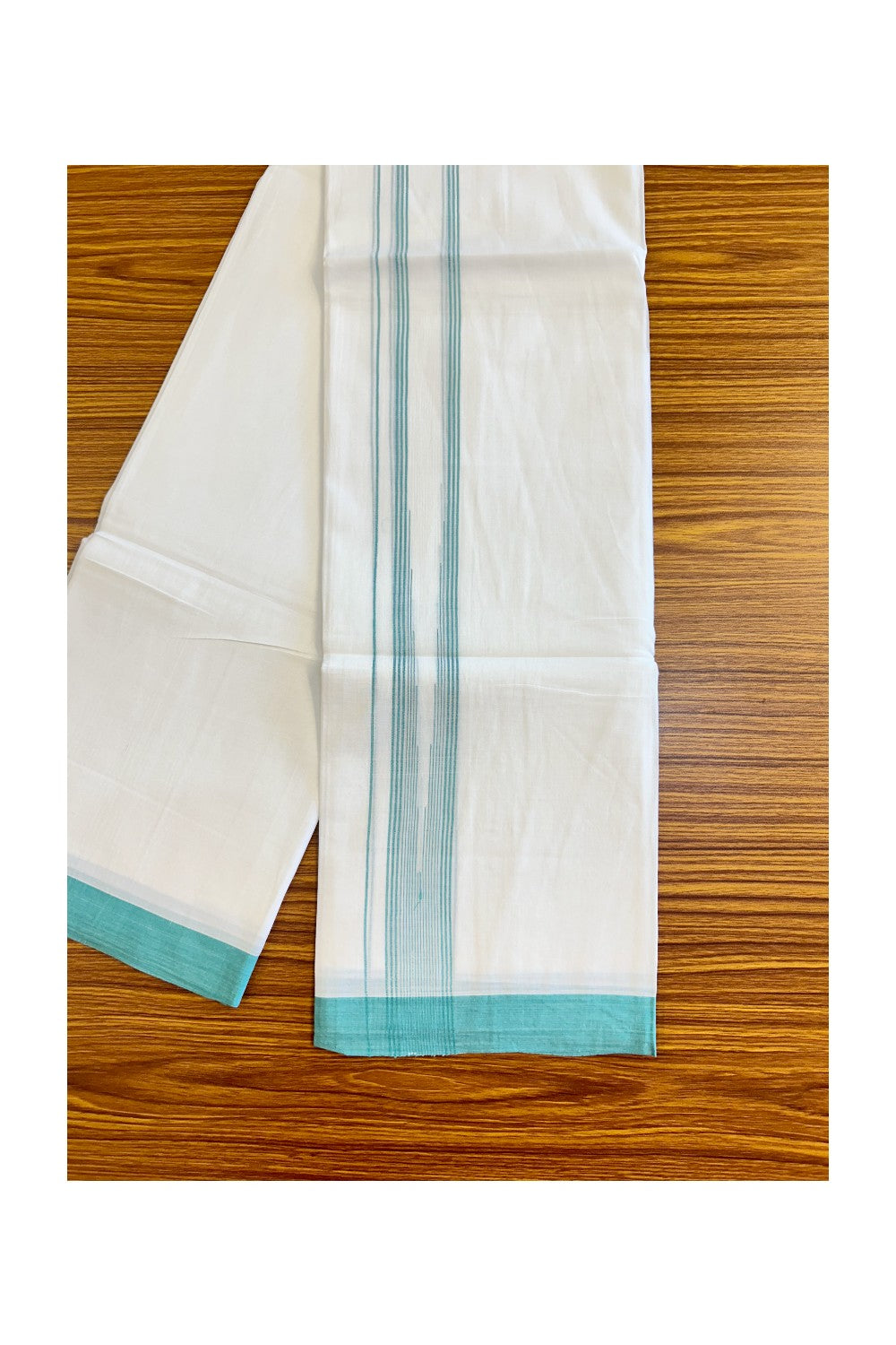 22% Discount!! Kaitharikada Balaramapuram 100% Cotton Pure White Double Mundu/Dothi-100x100 2 Inch Turquoise Green Striped Cotton Kara 3.80m (8 Muzham) - 84KK74RAM