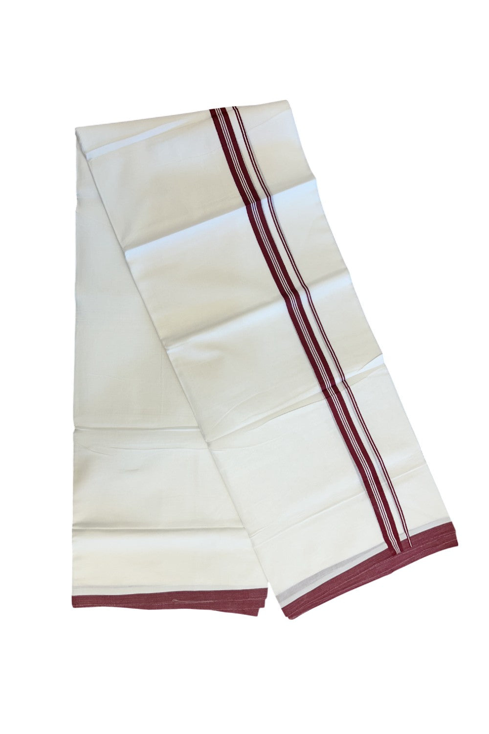 20% Discount ! Kaitharikada Balaramapuram 100% Cotton PURE WHITE Double Mundu/Dothi - 100x80 - 0.75 inch Maroon Striped Kara - 83KK5217 CKS