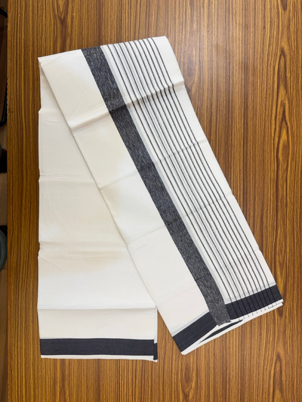 Pure White Double 20% Discount! KaithariKada 100% Cotton Pure Cotton Double Mundu / Dhoti - 100x80 - 5 inch Black Stripes Shaded Kara 3.80 meter (8 muzham) - 85 KK5220 THI