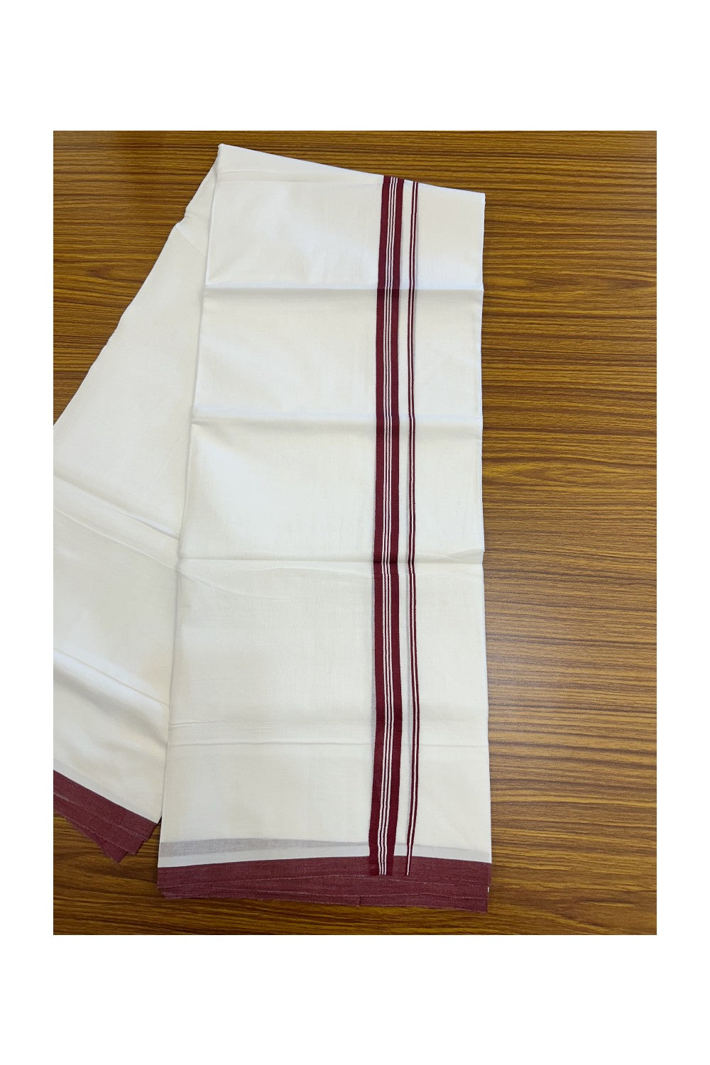 20% Discount ! Kaitharikada Balaramapuram 100% Cotton PURE WHITE Double Mundu/Dothi - 100x80 - 0.75 inch Maroon Striped Kara - 83KK5217 CKS
