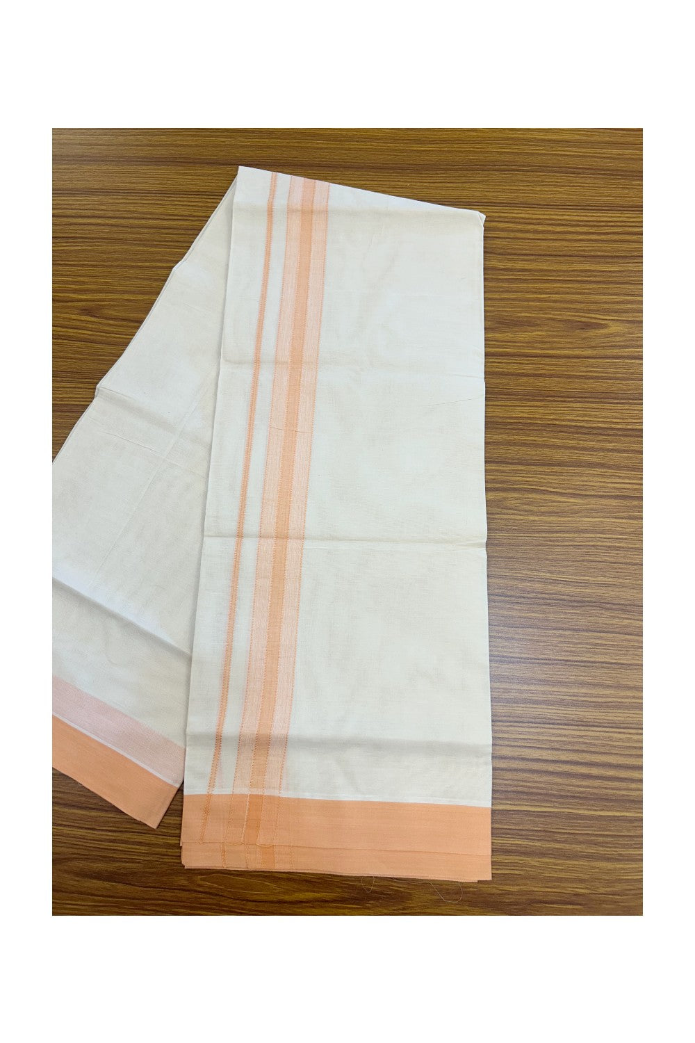 KaithariKada Balaramapuram 100% Cotton Double OFF WHITE (unbleached) Mundu/Dhoti- 100x80 - 1.75 inch Pastel Orange Design Kara 4 mtr (8.5 muzham) - 84KK5227 PMC