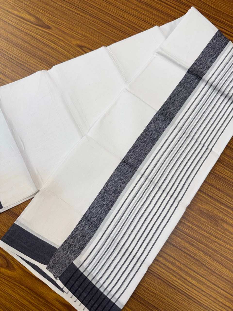 Pure White Double 20% Discount! KaithariKada 100% Cotton Pure Cotton Double Mundu / Dhoti - 100x80 - 5 inch Black Stripes Shaded Kara 3.80 meter (8 muzham) - 85 KK5220 THI