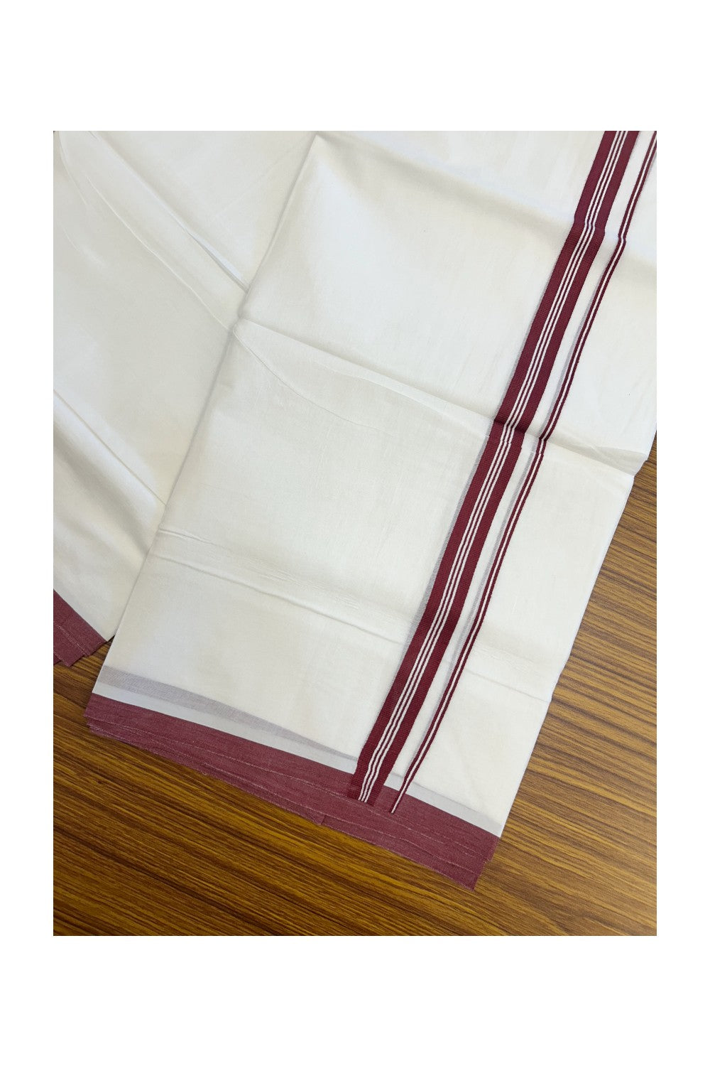 20% Discount ! Kaitharikada Balaramapuram 100% Cotton PURE WHITE Double Mundu/Dothi - 100x80 - 0.75 inch Maroon Striped Kara - 83KK5217 CKS