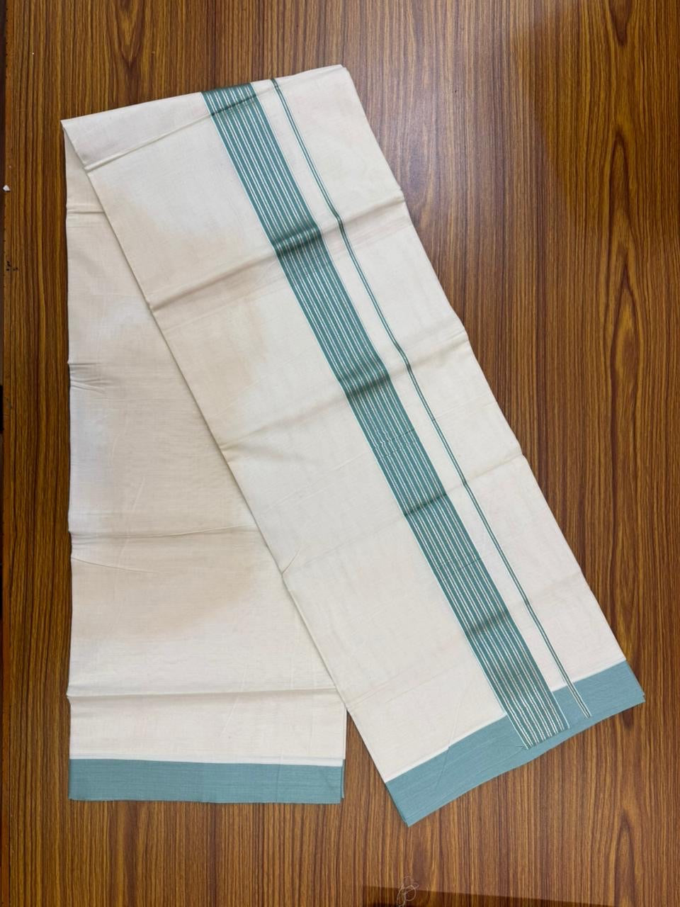 20% Discount! KaithariKada Balaramapuram 100% Cotton Off white Double Mundu/Dhoti - (100x80)S - 1.75 inch Light Sea Green & Silver Kasav Striped Kara - 4mtr (8.5muzham) - 81 KK5255 VAS