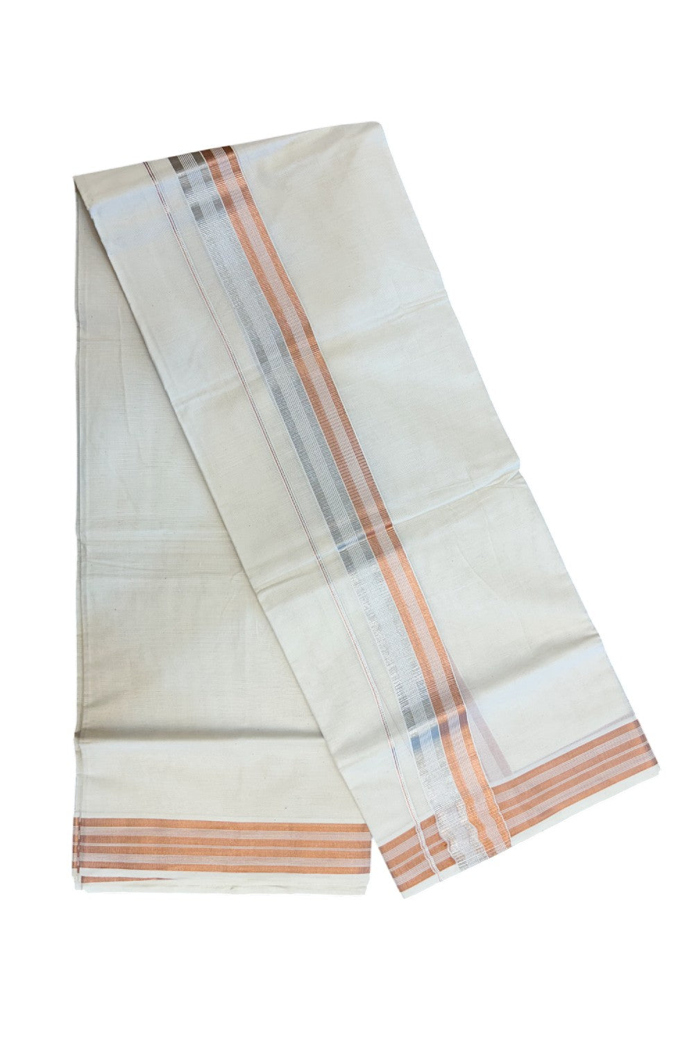 20% DISCOUNT!! KaithariKada Balaramapuram DOUBLE OFF WHITE - (Ubleached) Mundu/Dhoti - Cotton mix 80x72 - 2 inch Copper Kasavu & Silver Kasavu Stripes Kara - 86KK5217 CKS