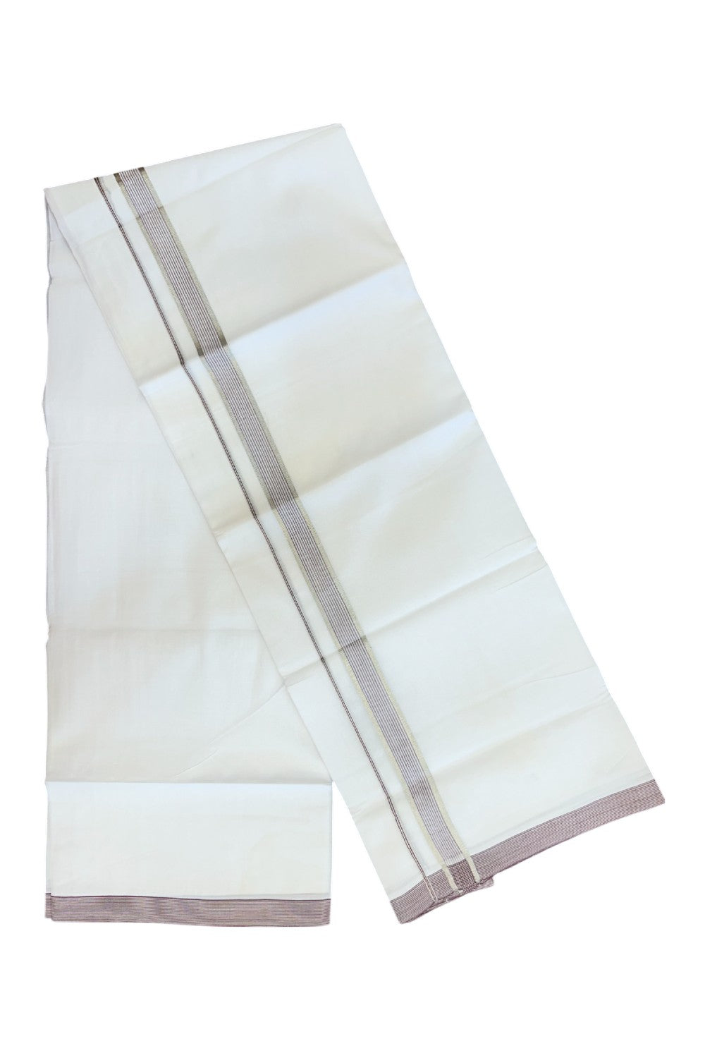 20% Discount ! Kaitharikada Balaramapuram 100% Cotton PURE WHITE Double Mundu/Dothi - 100x80 - 0.75 inch Silver Kasav & Light Wine stripes Kara 3.75 mtr (8 muzham) - 86KK5220 THI