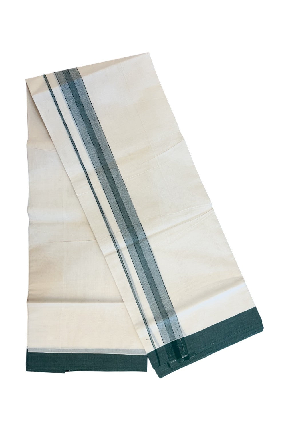 KaithariKada Balaramapuram 100% Cotton Double OFF WHITE (unbleached) Mundu/Dhoti- 100x80 - 1.75 inch Dark Green Design Kara 4 mtr (8.5 muzham) - 85KK5227 PMC