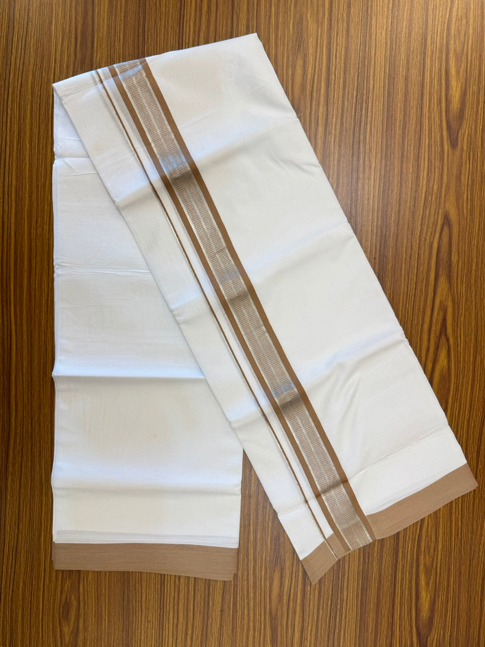 Pure White Double 20% Discount! KaithariKada 100% Cotton Pure Cotton Double Mundu / Dhoti - 100x80 - 1.5 inch Brown Jacquard Silver Kasav Kara 3.80 meter (8 muzham) - 86 KK5220 THI