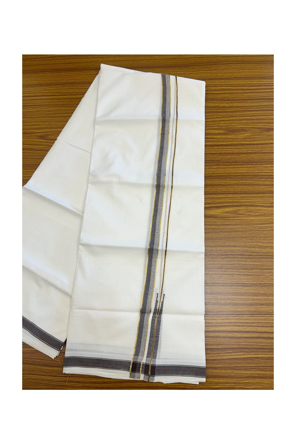20% DISCOUNT!! Kaitharikada Balaramapuram 100% Pure Cotton PURE WHITE Double Mundu/Dothi - 100x80 - 0.75 Inch Dark Brown & Gold Kasavu shaded Stripes Puliyilakkara Chutty - 84KK5217 CKS