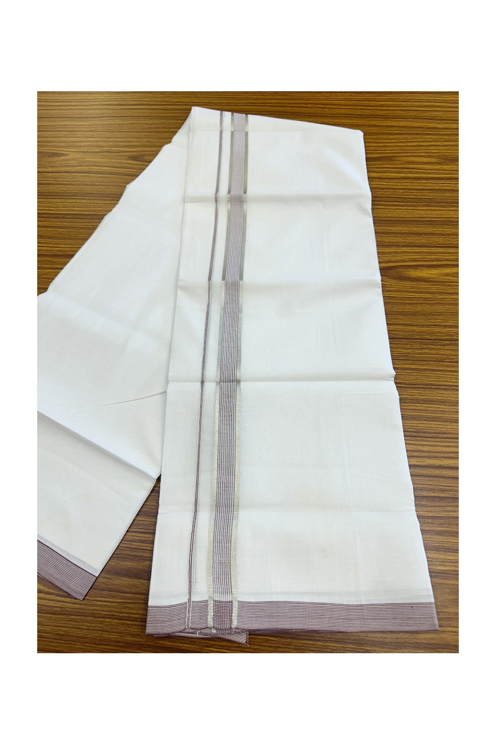 20% Discount ! Kaitharikada Balaramapuram 100% Cotton PURE WHITE Double Mundu/Dothi - 100x80 - 0.75 inch Silver Kasav & Light Wine stripes Kara 3.75 mtr (8 muzham) - 86KK5220 THI