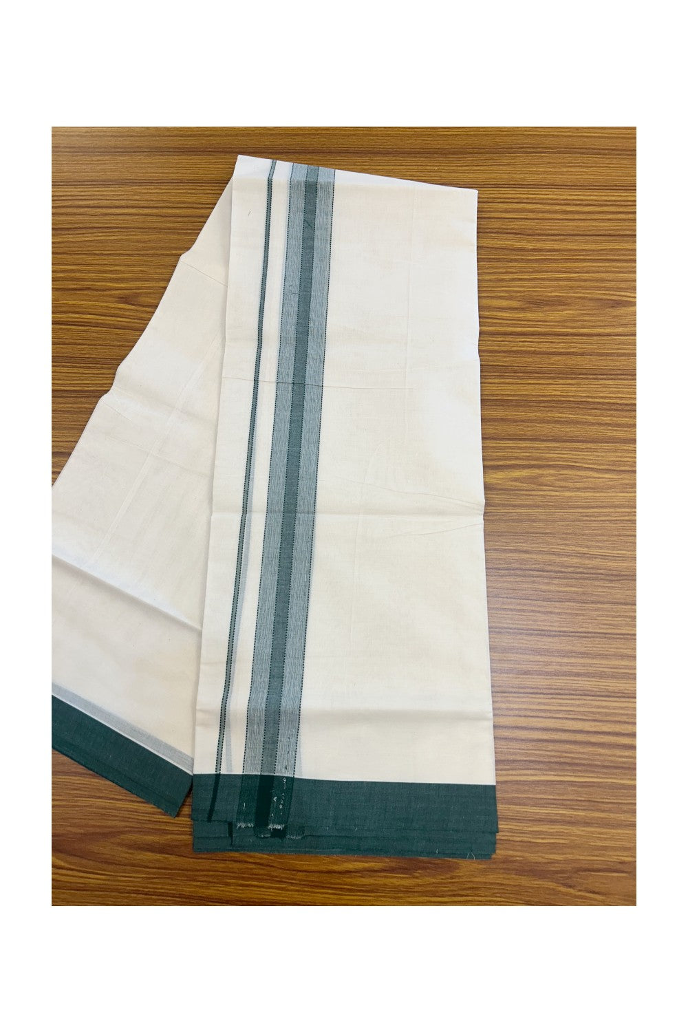 KaithariKada Balaramapuram 100% Cotton Double OFF WHITE (unbleached) Mundu/Dhoti- 100x80 - 1.75 inch Dark Green Design Kara 4 mtr (8.5 muzham) - 85KK5227 PMC
